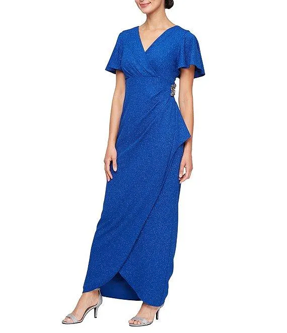 Short Flutter Sleeve V-Neck Glitter Knit Empire Embellished Waist Faux Wrap Maxi Dress
