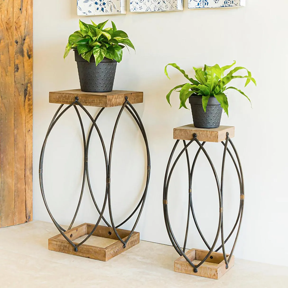 Wooden Plant Stands with Geometric Metal Frames, Set of 2