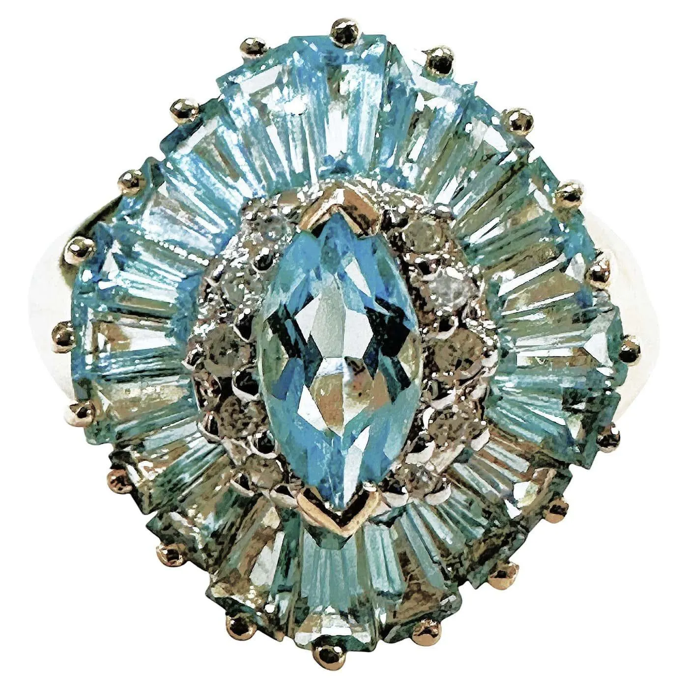 New 3.07 Carat Marquise & Baguette Topaz & Diamond cut Sapphire Yellow Gold Ring