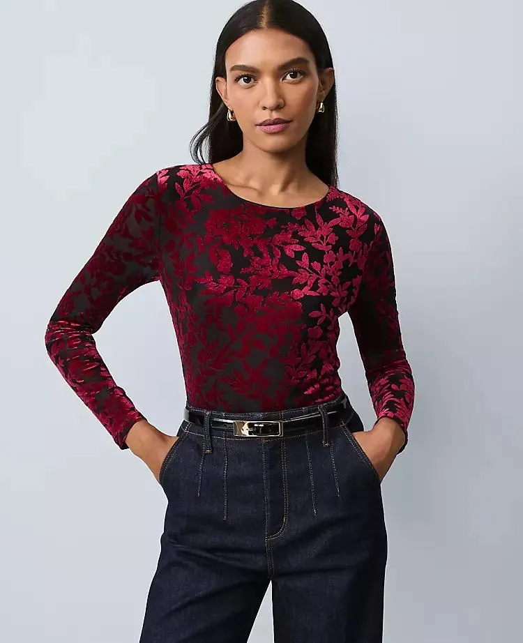 Floral Velvet Crew Neck Top