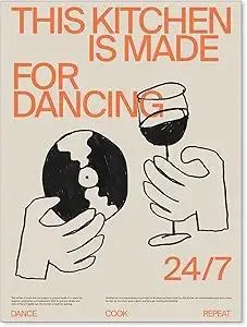 enttgo This Kitchen Is for Dancing Sign Wall Art Cocktail Alcohol Drink Poster Trendy Retro Coffee Dining Room Canvas Prints Bar Cart Wall Decor 12x16 inch Unframed