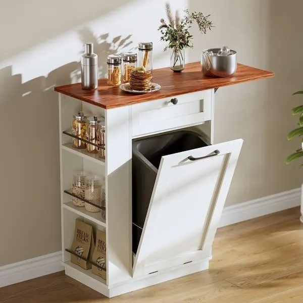 Moasis Tilt Out Trash Can Cabinet with Storage Drawer & Drop Leaf
