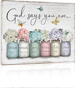 Inspirational Bible Verse Wall Art: God Says You Are Wall Sayings Flowers in Mason Jar Picture Print Christian Gift Quotes Poster for Women Girl Bedroom Decor 12" x 15"