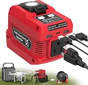220W Power Inverter Compatible with Milwaukee 18V Battery, DC 18V to AC 110V Battery Inverter, Power Station Generator with 1 AC Outlet, 2 USB Ports & 1 Type-C Fast Charging, 400LM LED Work Light