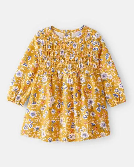 Baby Girl Smocked Floral Long-Sleeve Dress - Yellow