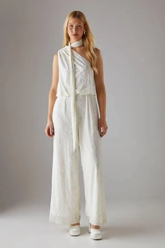 Hen Devore One Shoulder Scarf Neck Jumpsuit