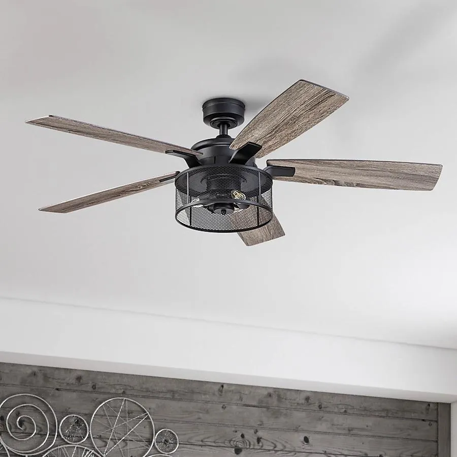 Honeywell Carnegie 52-in Matte Black with Rough Pine/Dark Chestnut Blades Cage Ceiling Fan With Light - Remote Included ( 5 -Blade )