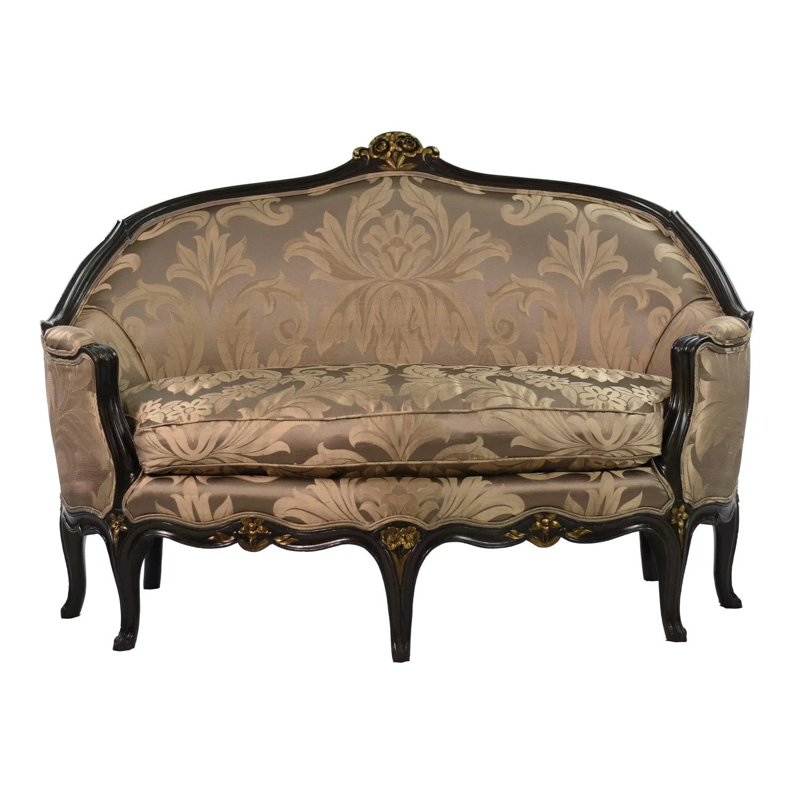 New Scalamandre Silk Damask on Restored Circa 1920 Antique Louis XV-style Canape, French Provincial Loveseat, Small Apartment Sofa or Settee