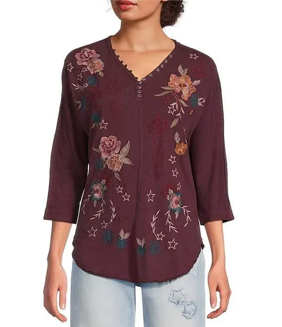 Mally Vintage Inspired Embroidered V-Neck 3/4 Dolman Sleeve Top