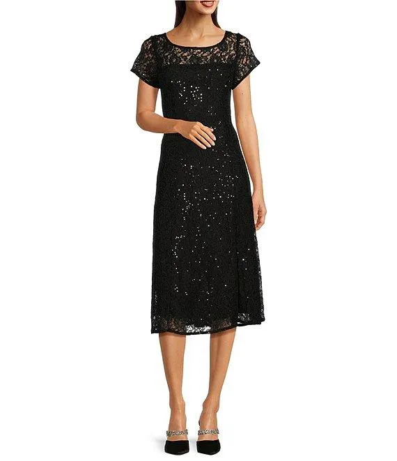 Round Neck Short Sleeve Sequin Lace Midi Dress