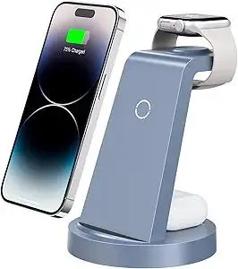 3 in 1 Charging Station for iPhone, Wireless Charger for iPhone 17 16e 16 15 14 13 12 11 X Pro Max & Apple Watch - Charging Stand Dock for AirPods (Blue)