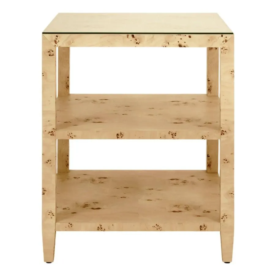 Matthew Izzo Home Amie Square Burlwood Three Tier Side Table With Glass Top