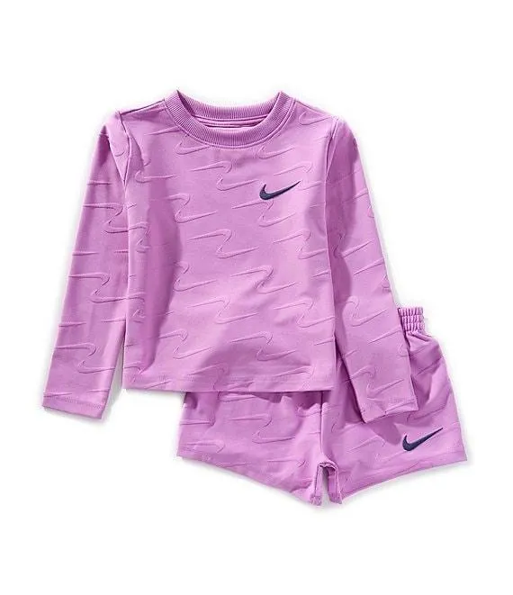 Little Girls Long Sleeve Swoosh Motion Printed T-Shirt & Matching Shorts Set