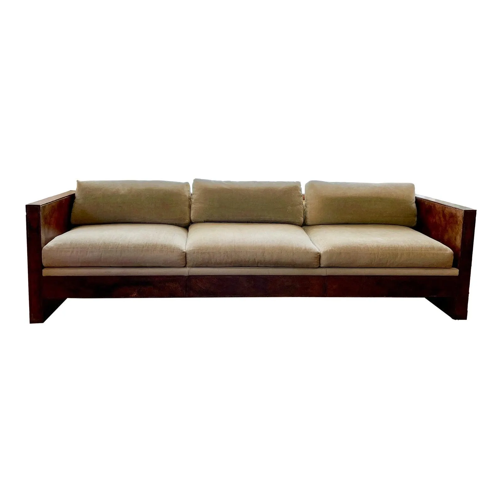 Vintage Minimalist Tuxedo Style Leather and Velvet Sofa Attributed to Andrew Gerhard Interiors -