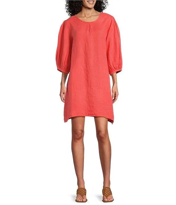 Lucien Light Linen Round Neck 3/4 Balloon Sleeve Dress