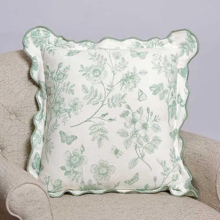 Sage Botanical Toile Scalloped Pillow