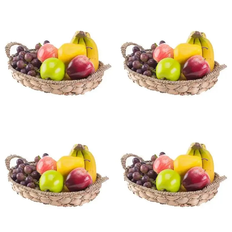 Set of 4 Seagrass Fruit Bread Basket Tray with Handles, Small