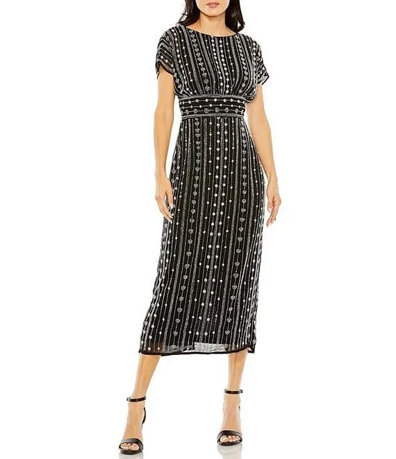 Beaded Chiffon Short Sleeve Boat Neck Sheath Midi Dress