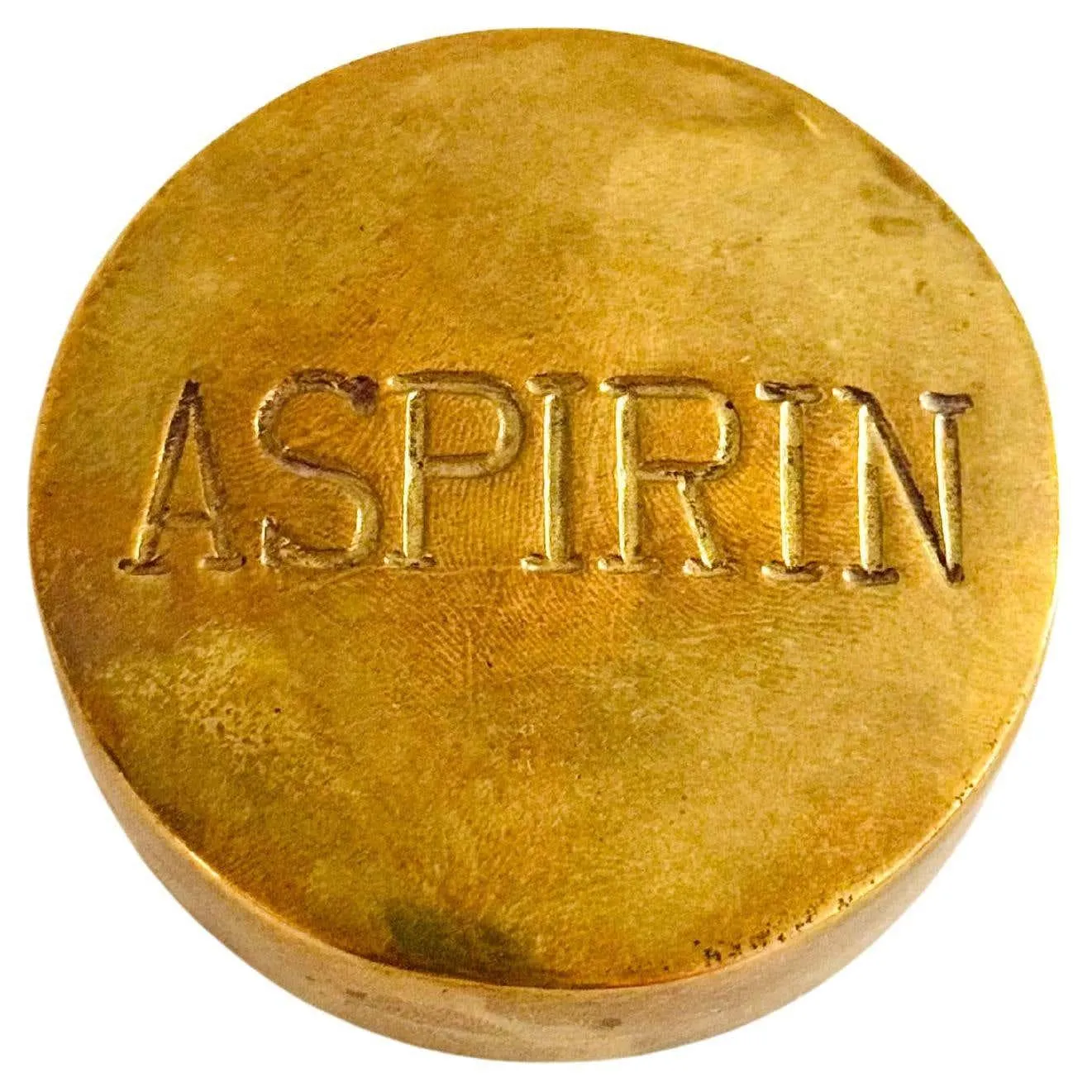 Heavy Brass Aspirin Pill Box – Mid-Century American Twist-Top Container Novelty