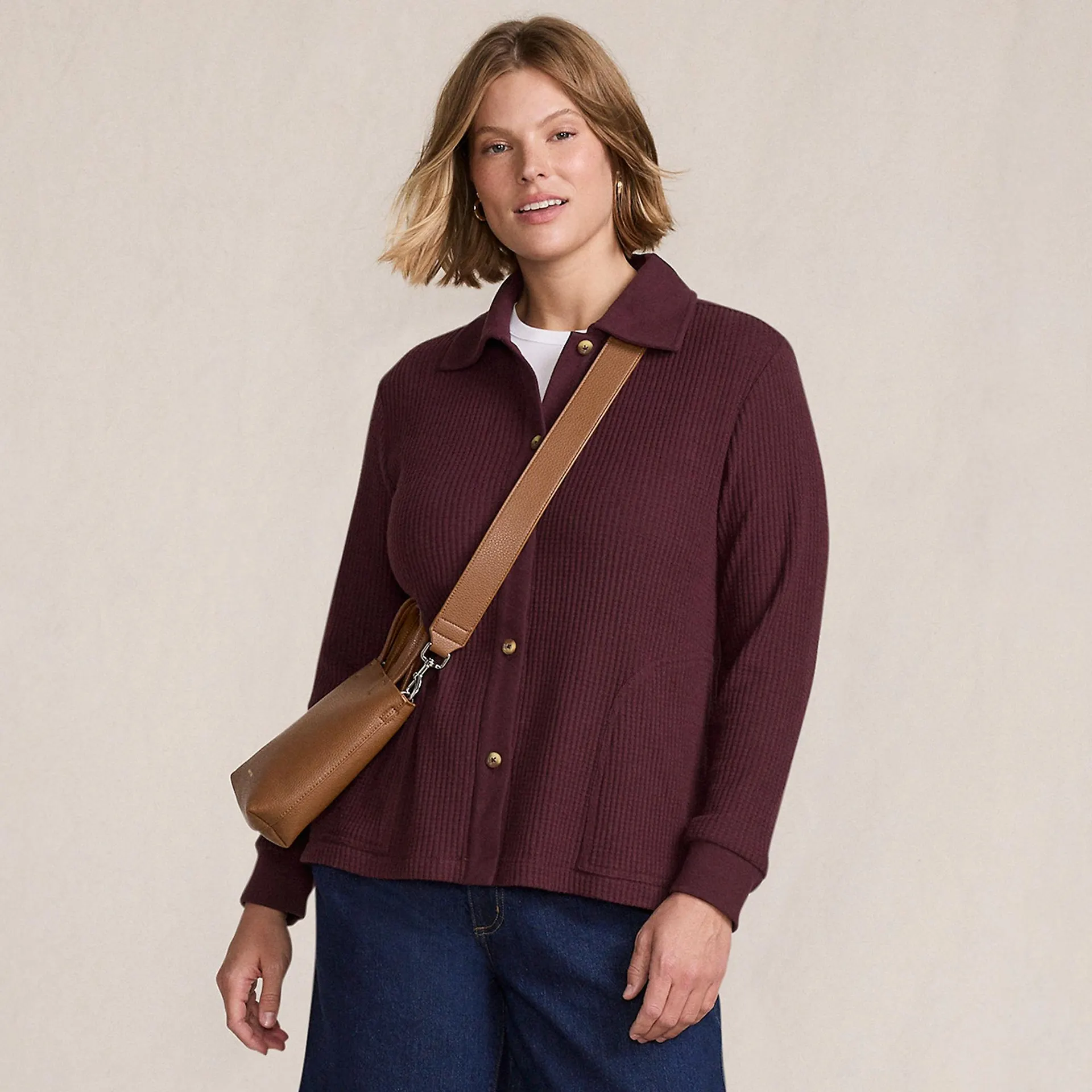 Women's Long Sleeve Waffle Collared Shacket