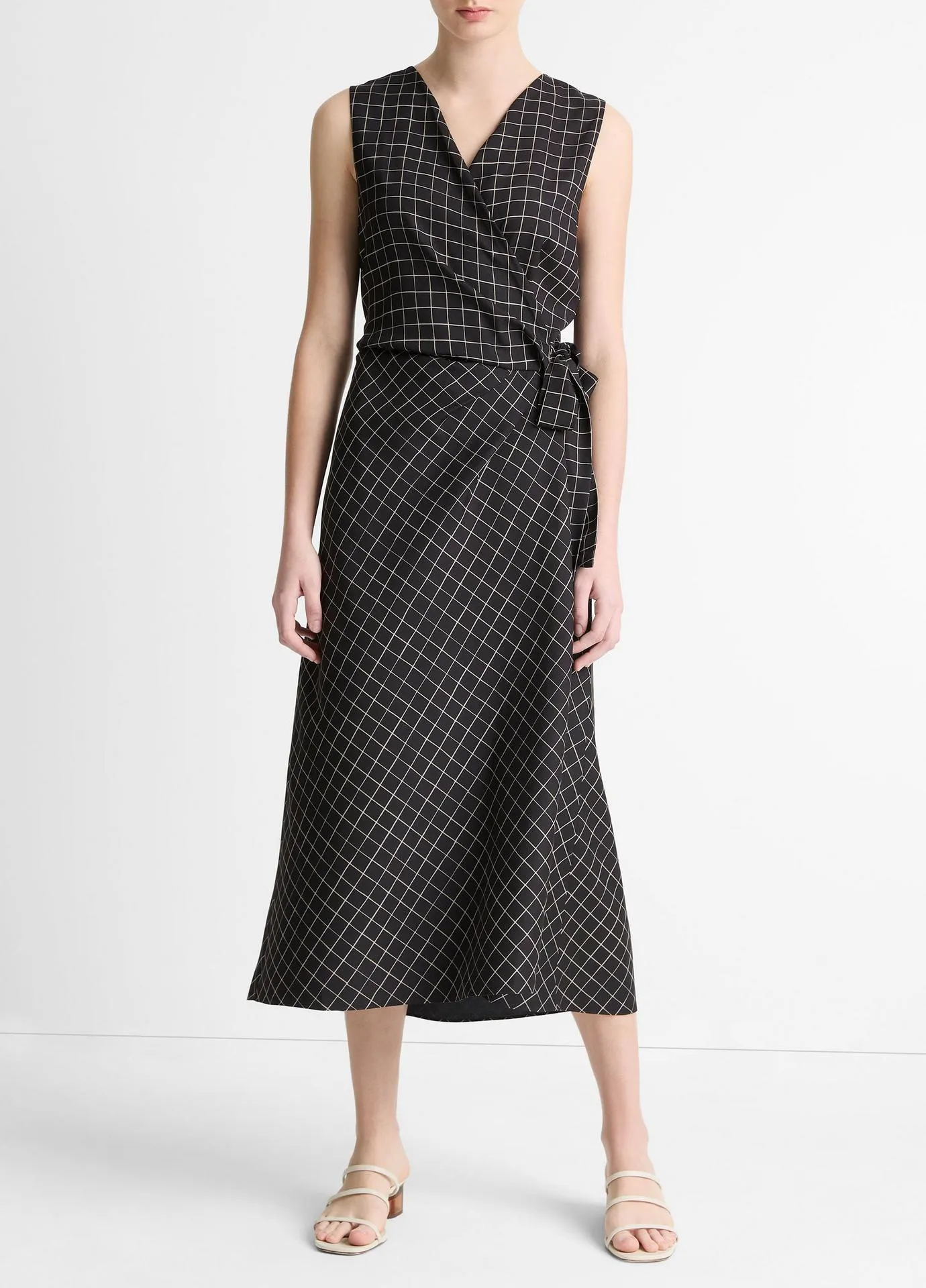 Trellis Plaid Draped Sleeveless Wrap Dress