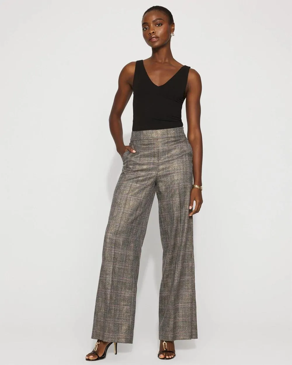 Metallic Plaid Wide Leg Pant