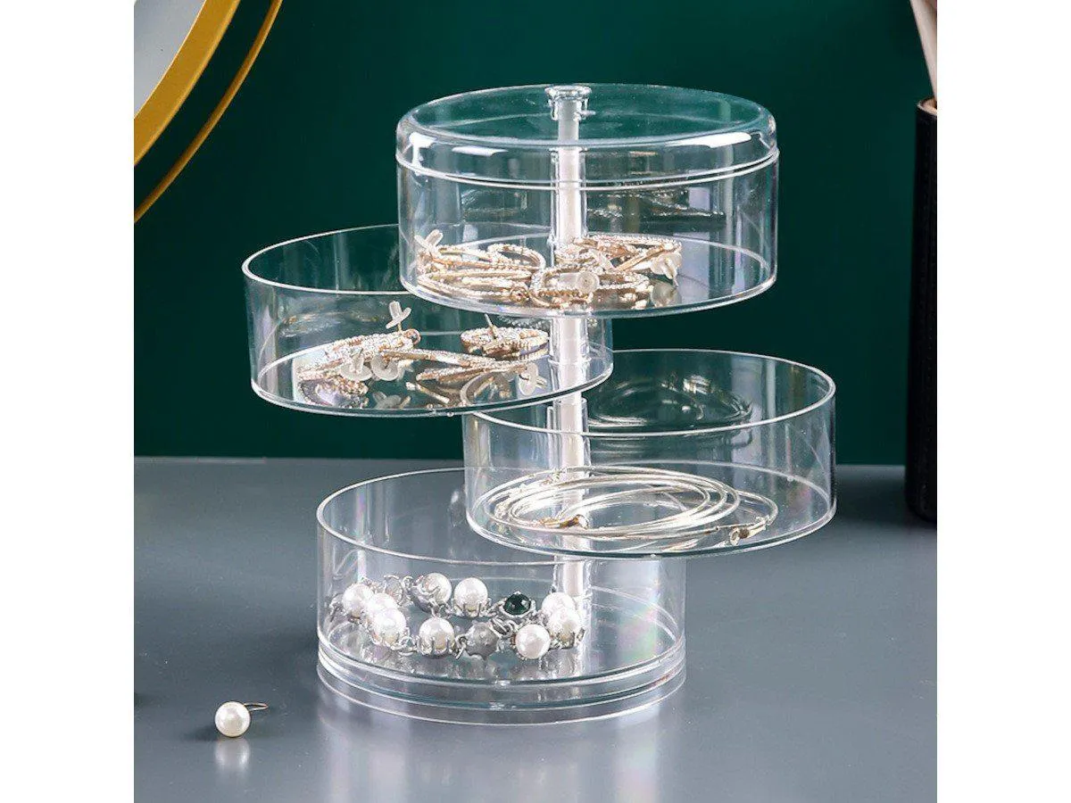 MPM 4 Tier Rotatable Organizer With Lid, Acrylic Jewelry Holder, Rotating Accessories Container, Clear Storage Tray for Women, Stackable Plastic Box for Earrings Necklace Bracelet