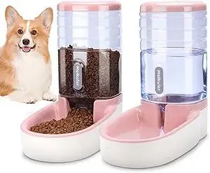 Meikuler Automatic Dog Cat Feeder and Water Dispenser Set,Waterer and Gravity Food Feeder for Small & Medium Dogs Cats Puppies,Large Capacity 1 Gallon x 2(Pink)