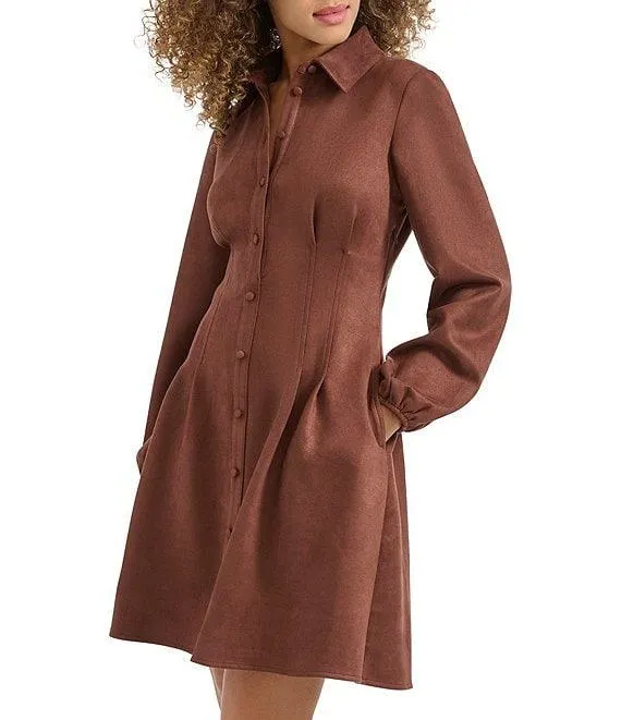 Faux Suede Collar Neck Long Sleeve Button Front Pleated Mini Dress