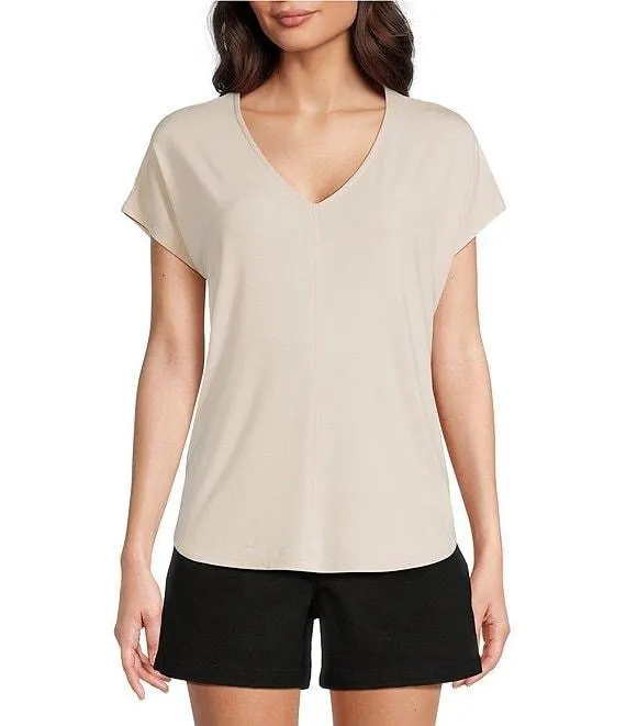 Knit V-Neck Dropped Short Sleeve Shell Shirttail Tee Shirt