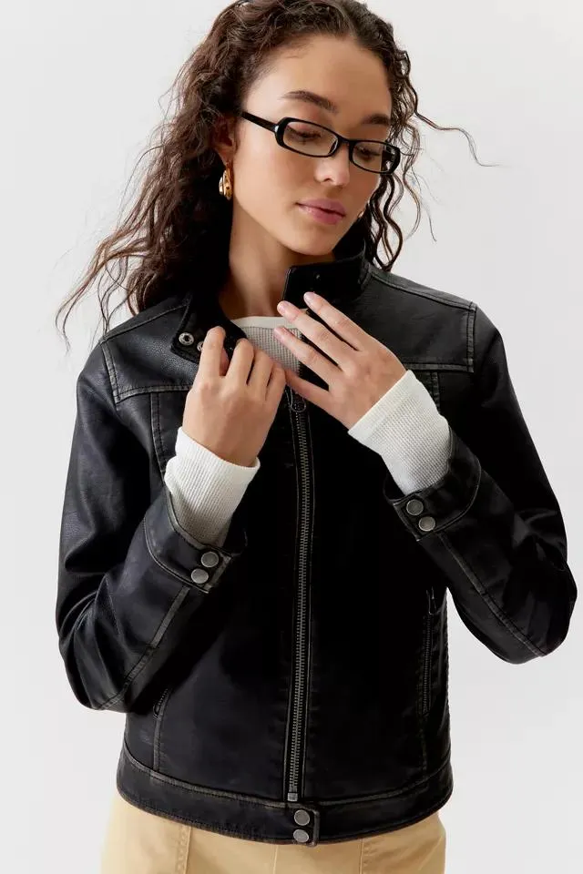 UO Evan Faux Leather Hooded Moto Jacket