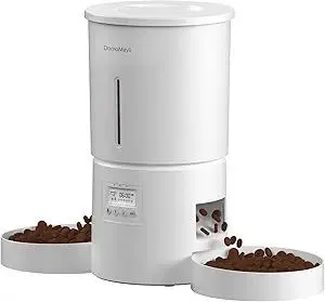 Automatic Dual Cats Feeder for 2 Cats,6 Meals/Day,12 Portions/Meal,Dual Power Auto Pet Feeder Dry Food Dispenser,Flexible Schedule Timer 10S Voice Record (White, ABS Dual Bowls)
