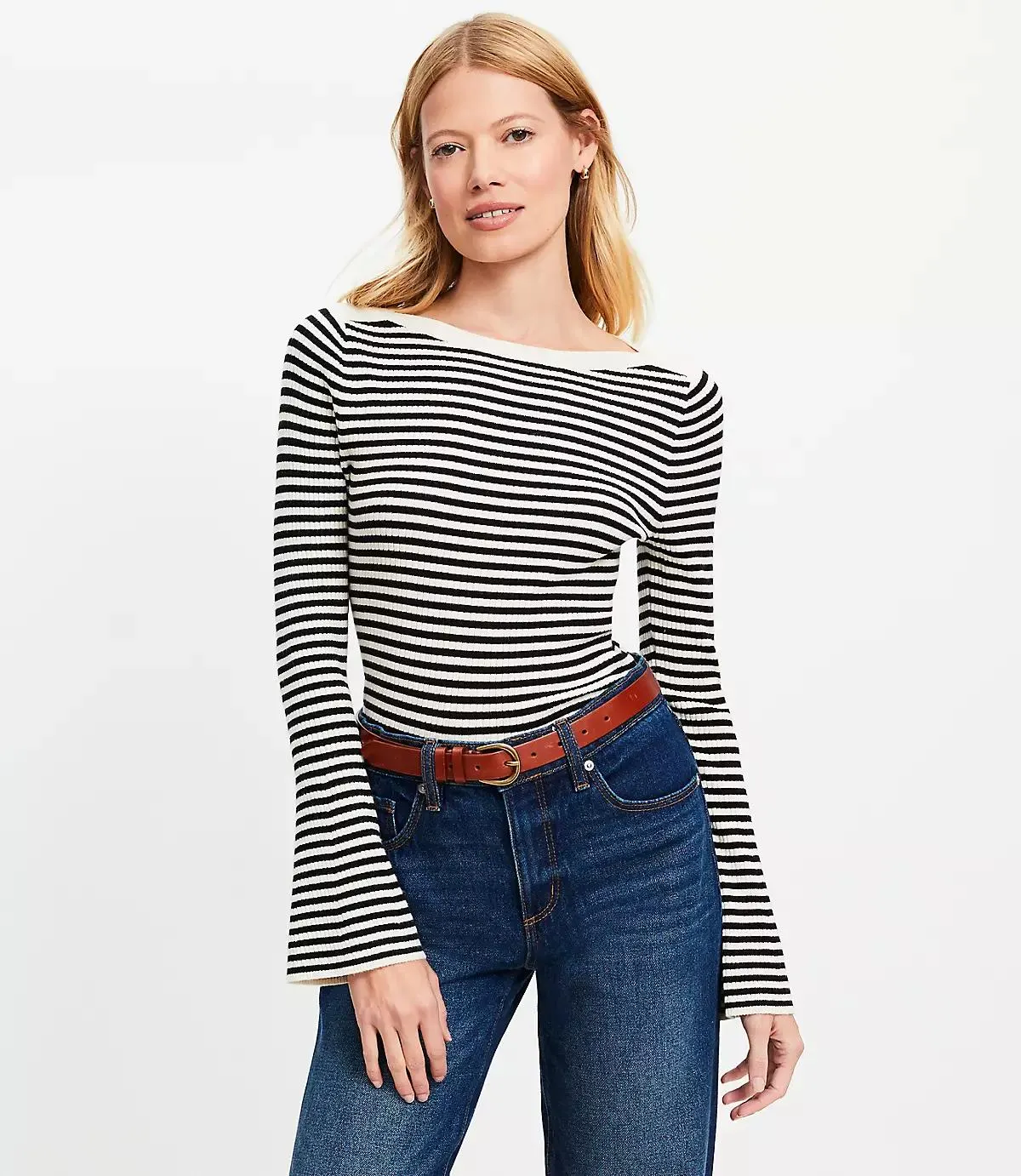 Striped Boatneck Flare Sleeve Sweater