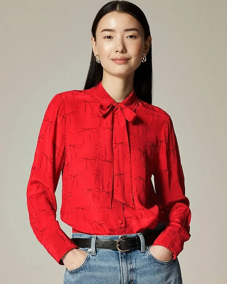 Removable tie-neck button-up shirt in bow-print crepe de chine