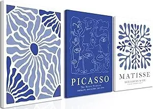 Framed Picasso Matisse Canvas Wall Art Set of 3 – Blue Abstract Line Poster Wall Decor Paintings Prints, Modern Minimalist Pictures Aesthetic Home Decor for Living Room Bedroom Office 12x16 inch