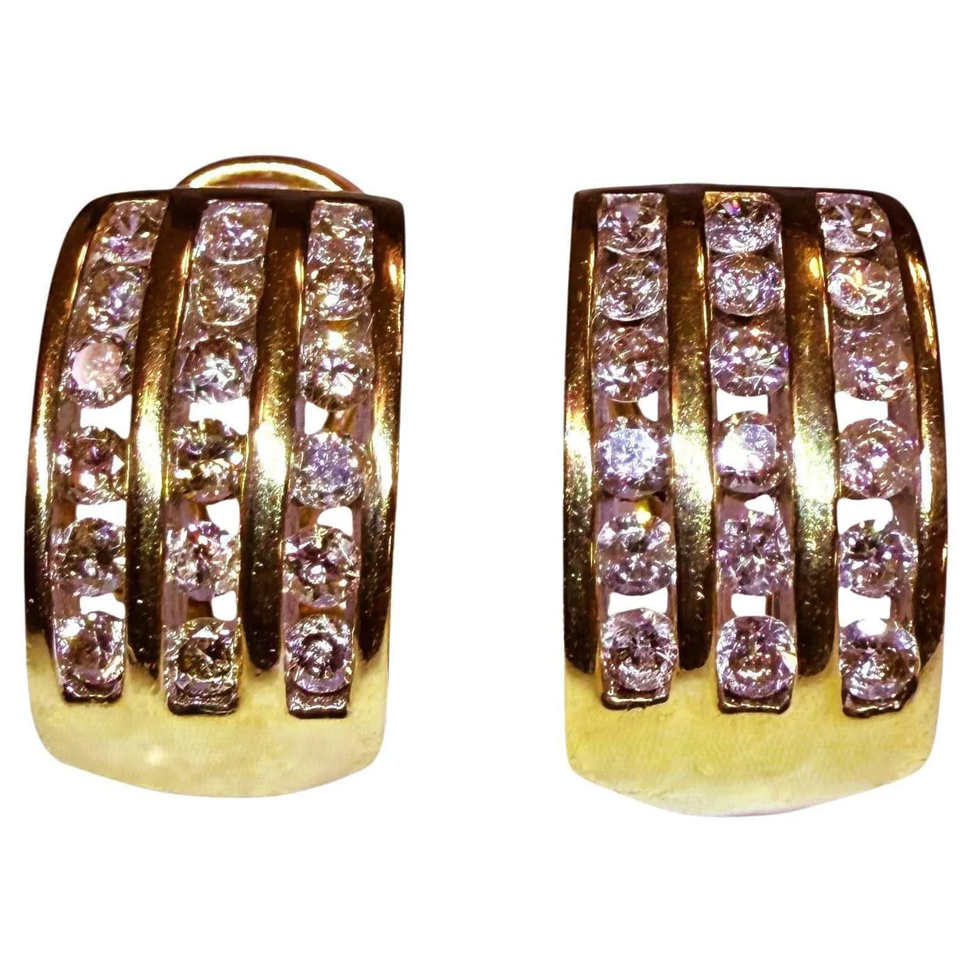 10k Yellow Gold 1.08 Carat ZEI 3 Row Half Hoop Diamond Omega Clip Earrings