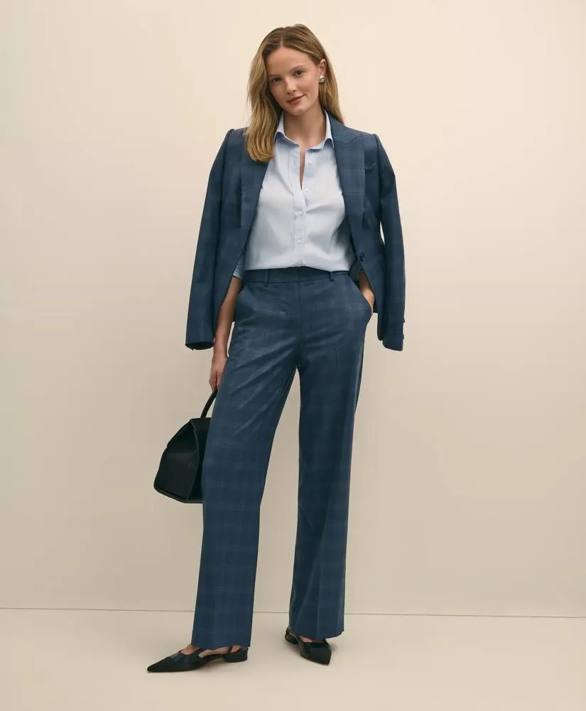 Wool-Silk Blend Plaid Straight Leg Pants