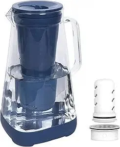GLACIER FRESH 10 Cup Purela Glass Water Pitcher with 1 Ultrafiltration Membrane and Activated Carbon Filter, Reduces 99% Chlorine, PFOA&PFOS, Coliforms, Blue