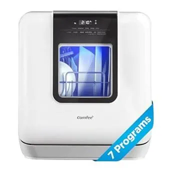 COMFEE' Countertop Dishwasher, Portable Dishwasher with 6L Built-in Water Tank, Mini Dishwasher with More Space Inside, 7 Programs, UV Hygiene& Auto Door Open, for Apartments, Dorms& RVs, White