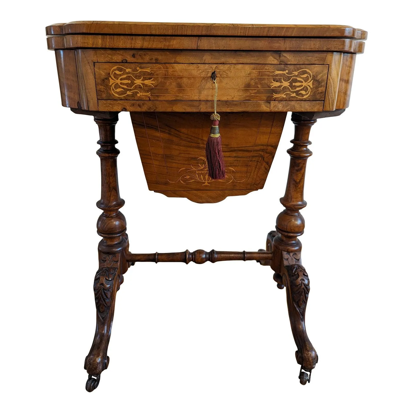 Mid 19th Century Mid-Victorian Inlaid Walnut Games and Sewing Table.