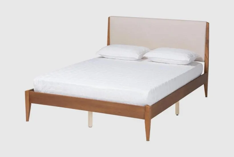 Greysyn Queen Beige Fabric Upholstered And Walnut Brown Finish Wood Platform Bed