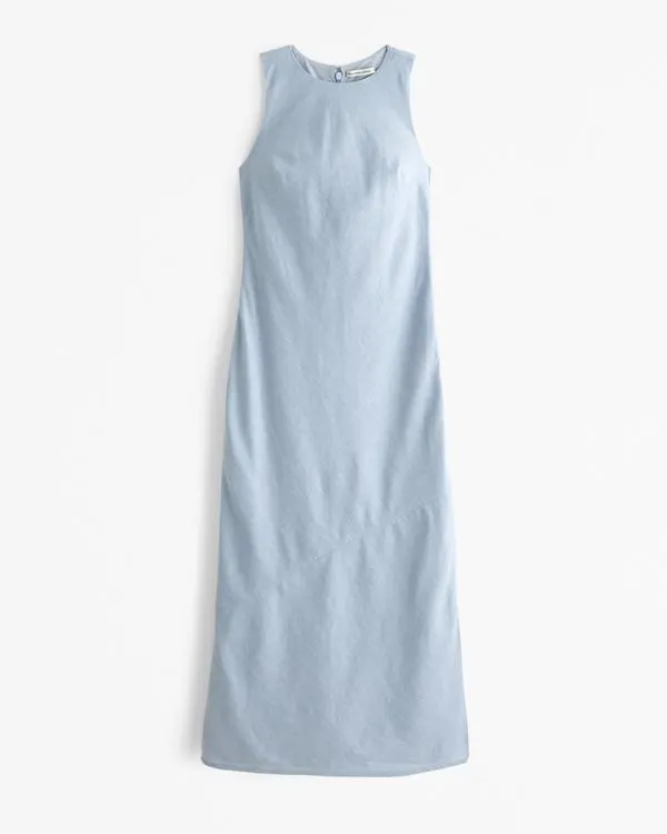 High-Neck Linen-Blend Maxi Dress