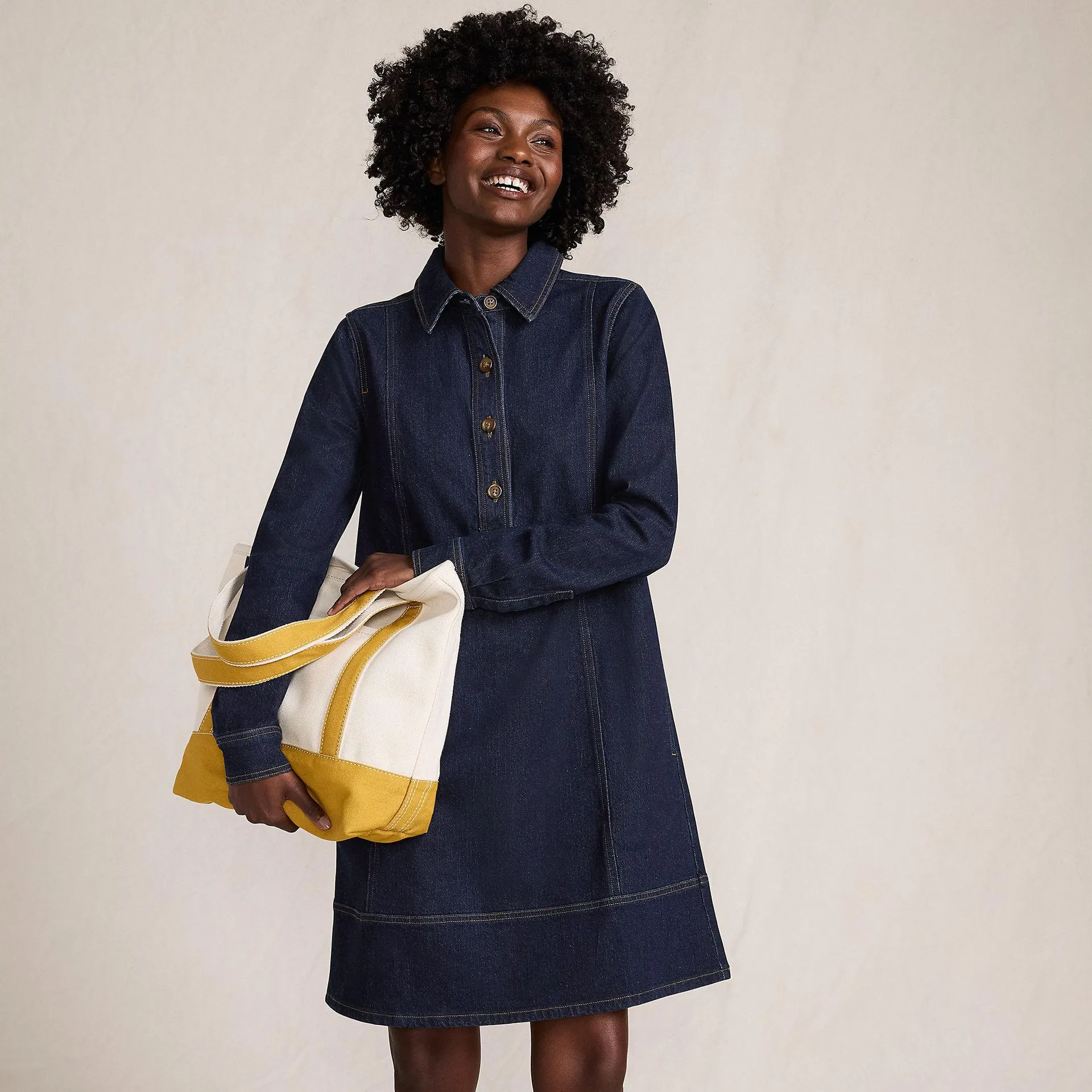 Women's Soft Denim Popover Long Sleeve Shirt Dress