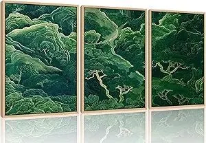 Framed 3Pcs Sage Green Japanese Forest Wall Art Ukiyoe Nature Mountain Canvas Poster Prints with Wood Frame Minimalist Zen Botanical Picture Painting for Living Room Bedroom Office Decor12x16Inch