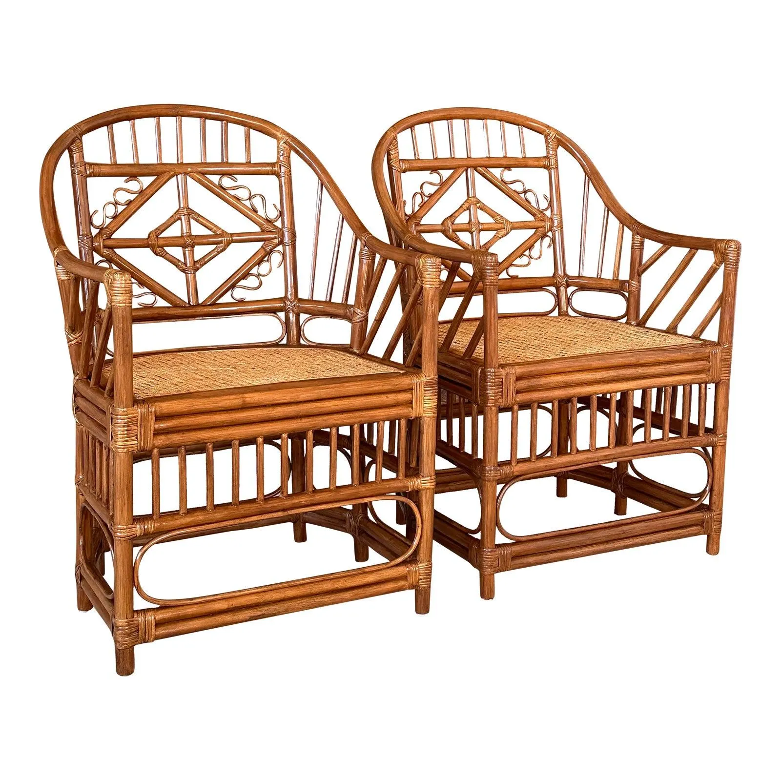 Mid-20th Century Restored Refinished Rattan Fretwork Cane Side Arm Chairs-Pair
