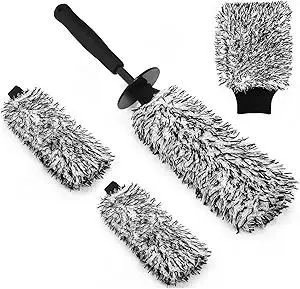 Car Cleaning Brush Wheel Brush Kit, Soft Microfiber Flat Wheel Rim Cleaner Brush with 2 Removable Covers, Wheel Cleaning Brush and Car Wash Mitt for All Vehicles Truck SUV Cleaning