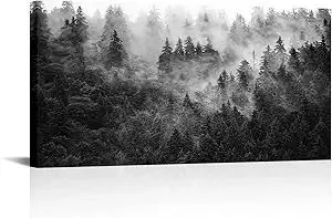 KREATIVE ARTS Black and White Misty Foggy Mountain Landscape Canvas Wall Art - Breathtaking Scene of Fir Forest in Hipster Style Picture Prints Rustic Decor for Home Office 20x40 Inches (20x40)