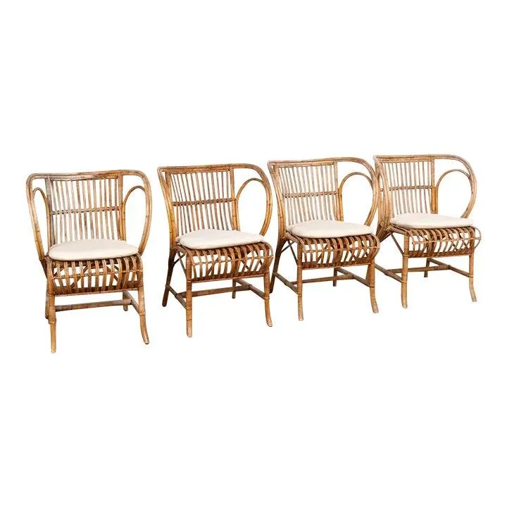 Vintage Set of 4 Bamboo Wicker Arm Chairs by Robert Wengler, Denmark 1960's