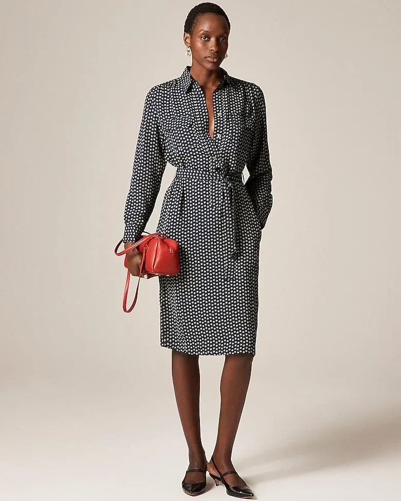 Tie-waist shirt-dress in ditsy floral print
