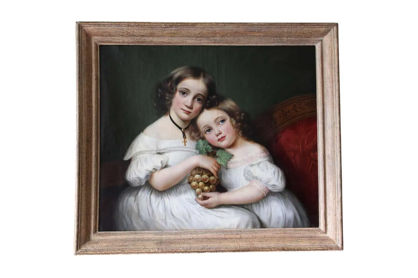 Unknown Antique portrait oil painting of two sisters French child portrait painting 1870's